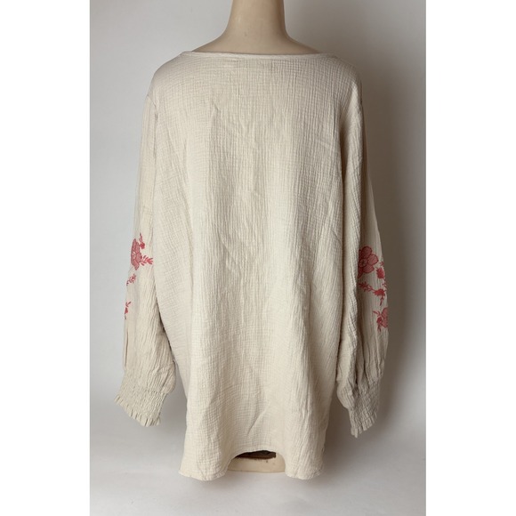 Belle Beach by Kim Gravel 2X Cotton Gauze Embroidered Peasant Top A691520 sand - Picture 7 of 14